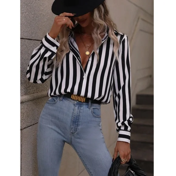 Vertical Stripes Black and White Collar Shirt Button Down - Picture 5 of 16